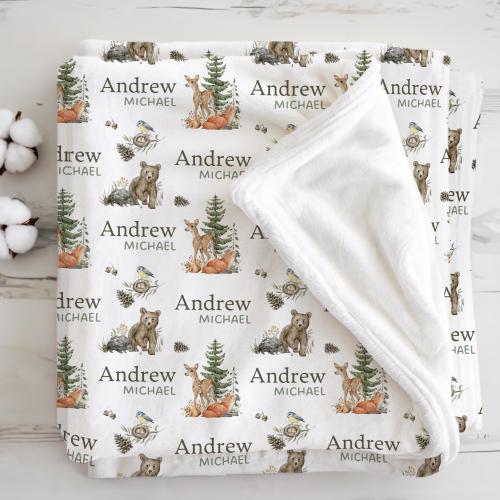 Personalized Forest Animal Baby Blanket, Custom Baby Name Blanket, Animal Nursery Decor, Gift for Baby Boy, Rustic Kids Blanket