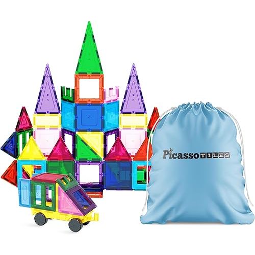 PicassoTiles Magnet Tile Building Blocks with Car Base Drawstring Storage Travel Bag Carry Case Magnetic Tiles Construction Toy STEM Learning Educational Kit Sensory Playset Preschool Kids 3+ PC61