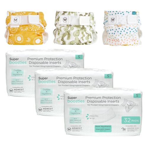 Super Boosties 96ct + Honest Hybrid Cloth Diaper Cover with Pocket-Sling, Small (8-15 lbs), Stops Nighttime Leaks, Boosties Disposable Diaper Inserts, Honest Cotton Muslin Covers, 3 Pack