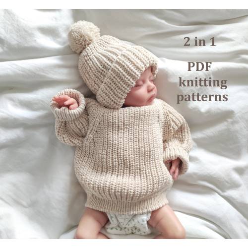 2 in 1, knitting patterns set, knit pattern baby jumper, knit pattern baby hat, knit baby sweater, todler, newborn knit pattern