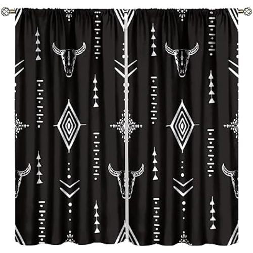 Aztec Tribal Decorative Curtains, Western Bohemian Bull Skull Vintage Rustic Black Cow Print Window Drapes, for Living Room Bedroom 21(W)*45(L) 2 Panels (Decorative)
