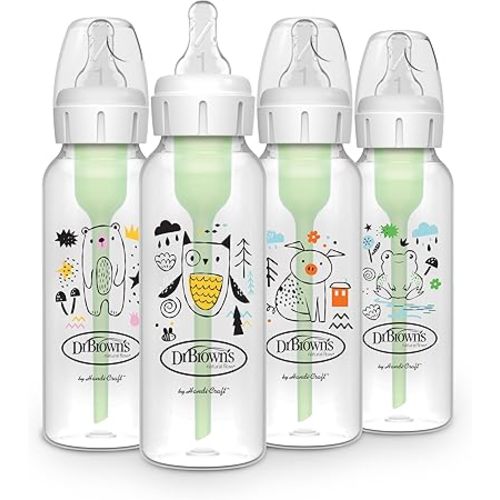 Dr. Brown's Natural Flow Anti-Colic Options+ Narrow Baby Bottle, 8 oz/250 mL, with Level 1 Slow Flow Nipple, BPA Free, 0m+, Bear, Owl, Pig, Frog, 4-Pack