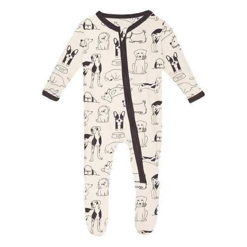 Print Footie with 2 Way Zipper in Natural Dogs