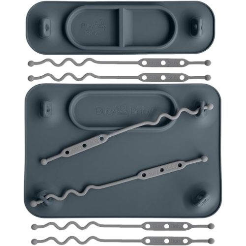 BUSY BABY Silicone Mat Bundle - 1 Original Mat Plus 1 Mini Mat, New Stronger Suction Cups, 6 Straps to Secure Baby Essentials and Keep Them Off The Floor, Baby Led Weaning, Wet Bag Included (Pewter)