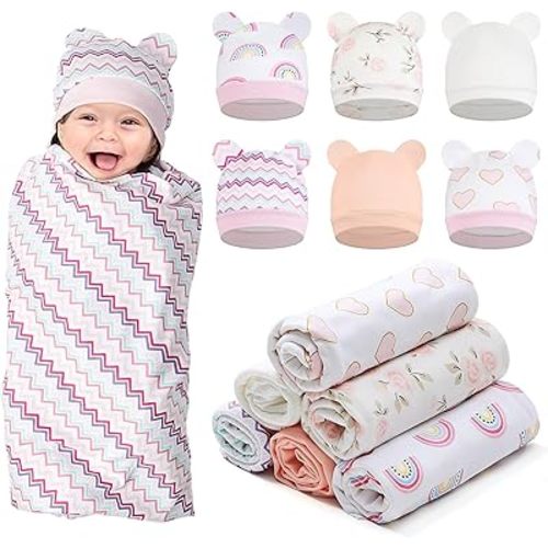 Ramede 6 Sets 100% Cotton Baby Swaddle Blankets Swaddling Wrap with Hats Nursery Receiving Blanket for 0-3 Mouths Unisex Baby Soft Silky & Breathable 31.5x 31.5in(Rainbow,Cute Color)