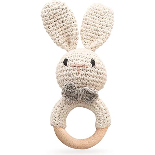 Wooden Baby Rattle, Handcrafted Crochet Bunny Rattles with Wooden Teething Ring, Beige Rabbit Newborn Toy Stuffed Animal Organic Rattle Baby Announcement Ideas Props