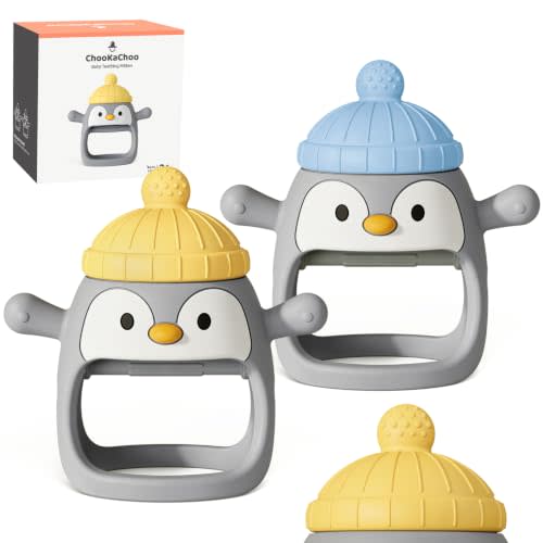 2 Packs Baby Teething Toy Silicone Teething Mitten for Babies Over 3 Months Anti Dropping Wrist Hand Teethers Baby Chew Toys for Sucking Needs, BPA Free (Penguin)