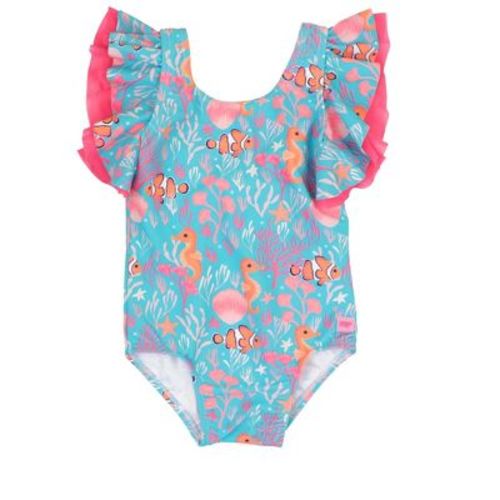 RuffleButts Girls UPF50+ Butterfly One Piece Swimsuit - Wisteria Purple Butterfly Garden Toile, 3-6m