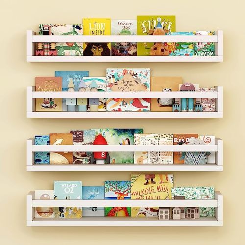 Set of 4 Wall-Mounted Kid's Bookshelf - White Floating Nursery Book Shelves - Durable Wood Construction - Ideal for Nursery Decor, Kids Room, Toy Storage