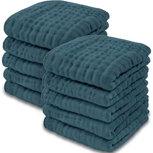 Baby Washcloths, Muslin Cotton Baby Towels 10 Pack -Large 10”x10” Wash Cloths Soft on Sensitive Skin, Absorbent for Boys & Girls, Newborn Baby & Toddlers Bibs & Burp Cloths Essentials Set, Neptune