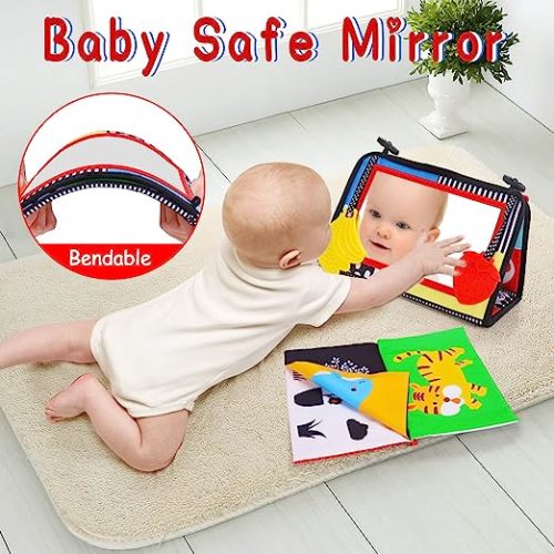 Tummy Time Baby Mirror Infant Toys Newborn Toys 0 3 Months Brain Development with Crinkle Cloth Book and Teether Black and White High Contrast Baby Toys 4 6 9 12 Month Boys Girls Crawling Sensory Toy