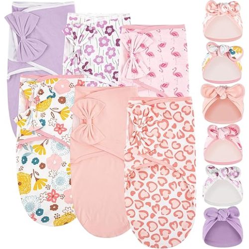 Ramede 6 Pack Baby Swaddle Blanket with Hats Sleep Swaddle for 0-3 Months Newborn Sacks Soft Cotton Wearable for Boy Girl