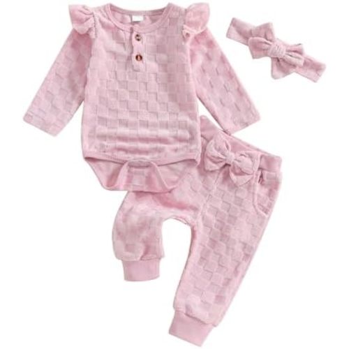 Kuriozud Baby Girl Fall Winter Clothes Ruffle Long Seeve Romper Top and Bow Pants Set with Headband Newborn Girl Outfit