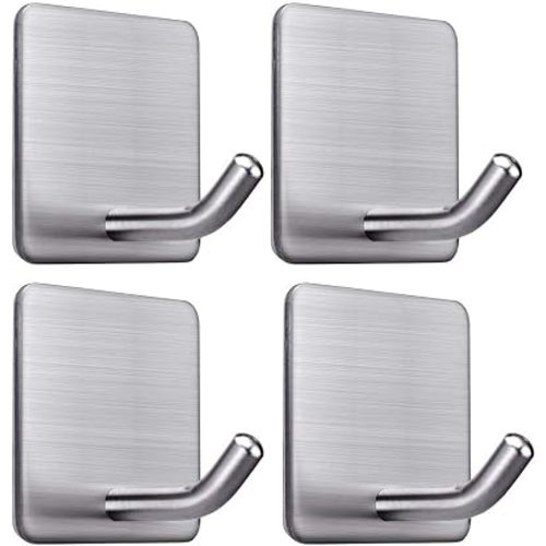 FOTYRIG Heavy Duty Adhesive Towel Hooks Stick on Towel Hanger Wall Holder Waterproof Stainless Steel Sticky Hooks for Hanging Bathroom Kitchen Home-4 Packs