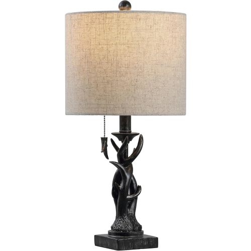 JONATHAN Y 20.5" Brown Rustic Antler Table Lamp for Bedroom Farmhouse Decor, Mini Faux Antler Desk Lamp with Gray Linen Shade, Lodge Cabin Nightstand Lamp, LED Bulb JYL1031A