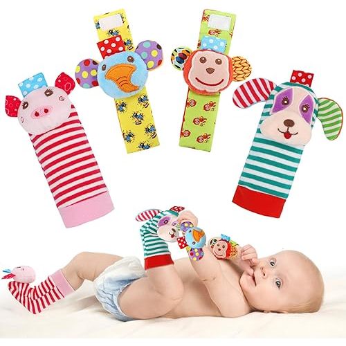 Infant Rattle Toys 0 to 3 Years, Baby Wrist Rattle Foot Finder Socks Set, Birthday Holiday Present for Newborn Boy Girl 0/3/4/6/7/8/9/12/18/24/36 Months Kids Toddler, Gift Box Package (4A-Pink)