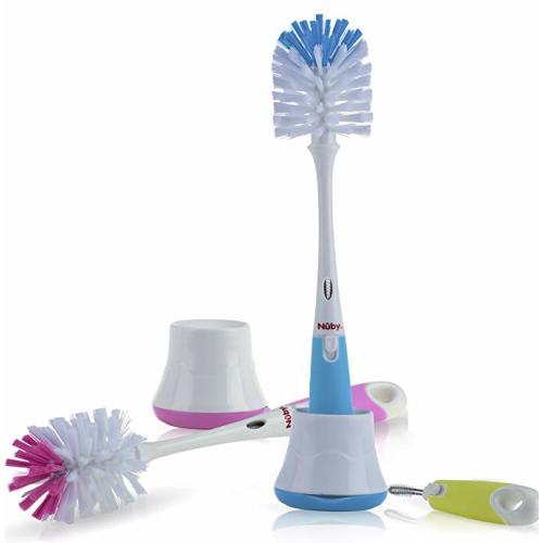 Nuby 2 in 1 Bottle and Nipple Brush with Stand 1pk - Colors May Vary - Pink/Aqua/Green