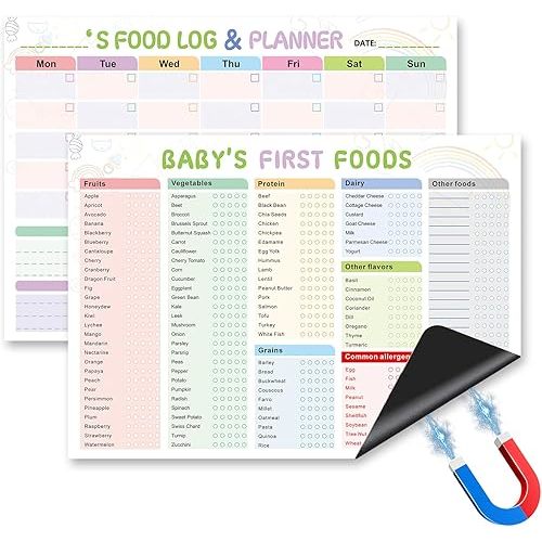 Baby’s First Foods Tracker Magnets (Set of 2) – 101 Foods Before 1 Checklist & Daily Meal Log, Reusable Dry Erase Chart for New Parents, 9x13 Inch