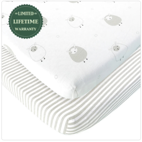 Cotton Jersey Bedside Sleeper Fitted Sheets, 2 Pack – Stripes & Lamb – Joey + Joan | Baby Essentials