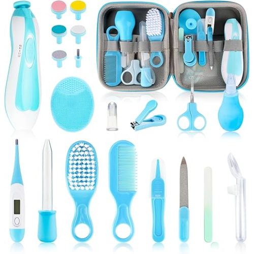 Baby Healthcare and Grooming Kit, 21pcs Baby Electric Nail Trimmer Set Newborn Nursery Health Care Set for Newborn Infant Toddlers Baby Boys Girls Kids Haircut Tools (21 Kits Blue)