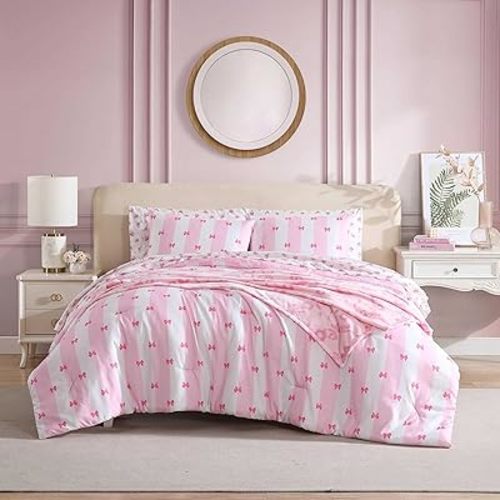 Betsey Johnson - Comforter Set, Super Soft Bedding with Matching Sham & Sheets, Includes Bonus Pillowcase & Reversible Plush Throw (Bow Stripe Pink, Twin)