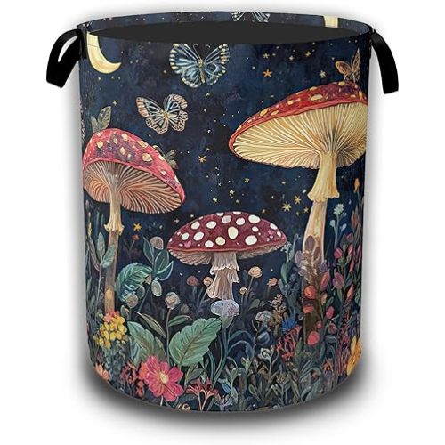 Vintage Mushroom Moon Laundry Hamper,Laundry Baskets,Waterproof Oxford Cloth Toy Storage for Bedroom,Bathroom,Nursery,16x20.8 Inch