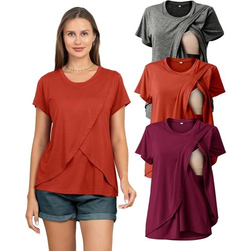 Rnxrbb 3 Pack Women's Nursing Tops for Breastfeeding Summer Short Sleeve T Shirts Postpartum Double Layer Clothes