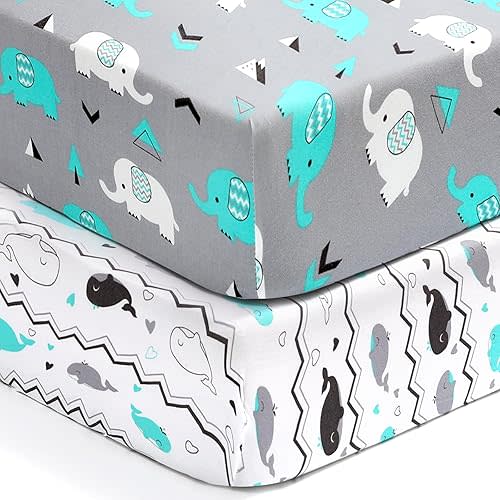 BROLEX Baby Fitted Crib Sheets: Kid Crib Sheets - Set of 2 for Toddler Standard Size Crib Mattress for Boys and Girls - Jersey Knit Crib Bed Sheets Elephant Whale
