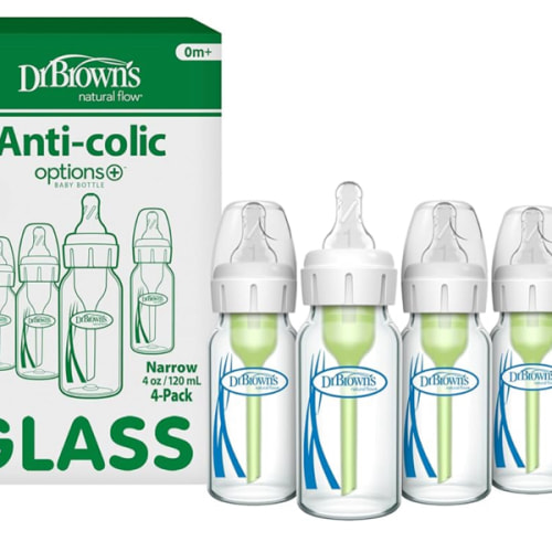 Dr. Brown's Anti-Colic Options+ Narrow Glass Baby Bottle with Level 1 Slow Flow Nipple, BPA-Free, 4 oz/120mL, 4-Pack