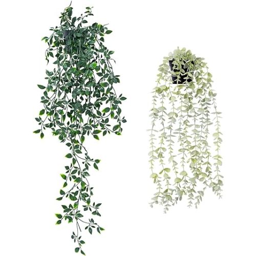 2pcs Fake Hanging Plants for Room Decor, Artificial Potted Plants for Aesthetic Office Living Bedroom Kitchen Patio Bathroom Bookshelf Indoor Outdoor Decor