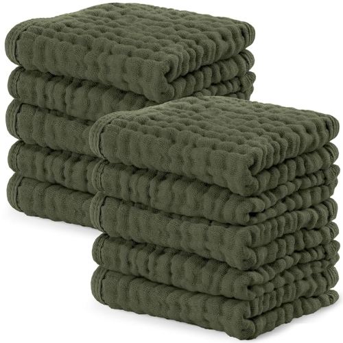 Comfy Cubs Muslin Baby Washcloths 10 Pack - Soft 6-Layer Cotton Wash Cloths for Sensitive Skin - 10"x10" Large, Gentle, Absorbent Infant Essentials for Newborn and Toddlers - Kelp