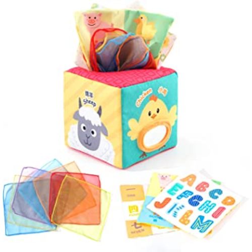 Jollybaby Baby Square Tissue Box Toy, Baby Sensory Toys Musical Toys Montessori Toys Crinkle Toys Colorful Soft Scarf Box for 6 9 12 Months Toddlers Infants Newborns Gift(Farm)