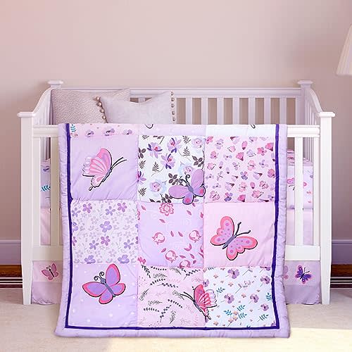 Tudomro 3 Pieces Butterfly Nursery Crib Bedding Set for Girls, Standard Size Bedding Sets with Comforter Fitted Sheet Crib Skirt(Purple)
