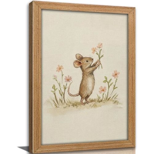 Vintage Framed Watercolor Mouse Nursery Wall Art Cute Little Mouse Holding Flowers Wall Decor Cottagecore Floral Animal Painting Picture Woodland Animal Print Artwork for Baby Room Playroom Kids Room
