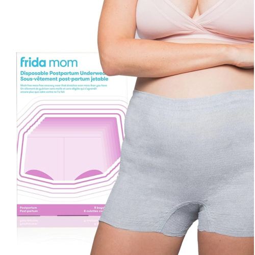 Frida Mom Women's Postpartum Underwear, Disposable Boyshort Underwear, Seamless with Stretchy Support, Postpartum Essentials, Size Petite (Waist 58–86 cm Stretched), 8 Count, Feminine Care, Grey