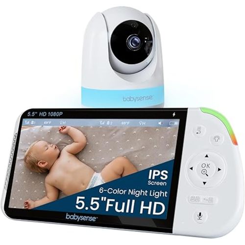 Babysense Full HD 5.5" Split Screen Baby Monitor with Camera and Audio, 6-Color Night Light, White Noise, Sound & Light Machine, 20-Hour Battery, Hack-Proof Non-WiFi Secure Connection