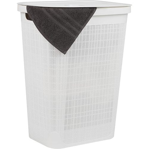 Mind Reader 60L Slim Laundry Hamper, Clothes Basket, Lid, Linen Design, Plastic, 18.25”L x 14.25”W x 23.5”H, White