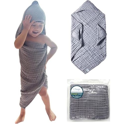 L'Ange Muslin Hooded Baby Towel - Infant Bath Towel with Hood for Newborn Babies Boy or Girl - 100% Cotton - Pack of 1 - Ready to Use Medical Grade Packaging - 6 Layers - Gray - 25.5x25.5 in