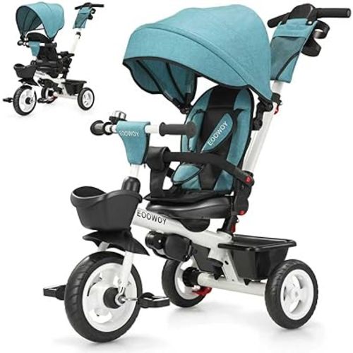 EOOWOY Toddler Tricycle with Push Handle, 7 in 1 Stroller Trike with 360° Swivel Seat, Reclining Backrest, All-Terrain Wheels, Dual Brakes, Canopy & Storage, Gift for Kids 18 Months to 5 Years, Green