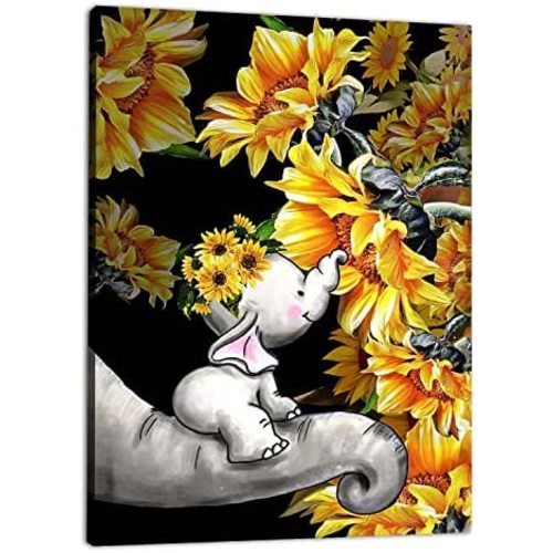 JDKWAY Sunflower Elephant Canvas Wall Art for Nursery Cute Elephant Floral Pictures Wall Decor Animal Play cuadros para dormitorios Artwork for Toddler Room Bedroom Decor Gift for Baby 8x12 Inch