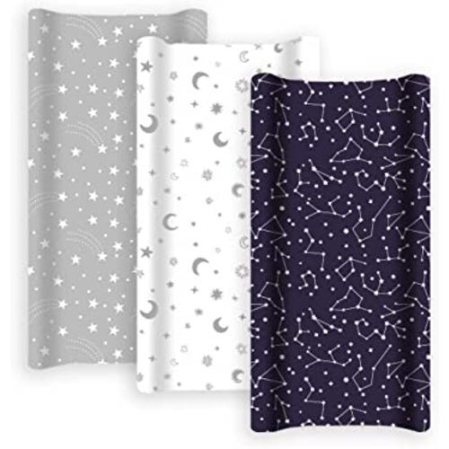 GROW WILD Changing Pad Cover 3 Pack | Soft & Stretchy Jersey Cotton | Baby Changing Table Pad Cover | Diaper Changing Pad Covers for Girls or Boys | Wipeable Sheets | Grey White Navy Blue Stars Moons