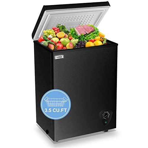 Chest Freezer Small Freezer Black Deep Freezers 3.5 Cu.Ft Compact Free-Standing Top Door Adjustable 7 Thermostat and Removable Basket Open Deep Freezer Energy Saving Apartment Kitchen
