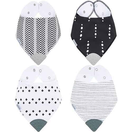 Bazzle Baby Bandana Bib. Teething Bibs with Teether Attached for Natural Teething Relief. Absorbent Cotton & Fleece Drool Bib