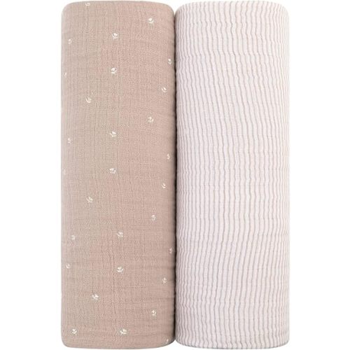 Ely's & Co. Muslin Swaddle Blanket 2-Pack — 100% Cotton Muslin Extra-Large Swaddle Blankets (47” x 47”) White Tulip on Pink + Stripes