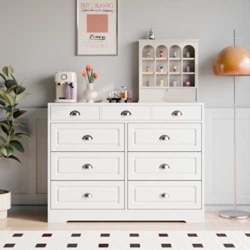 Walsunny 9 Drawer Double Dresser White Wooden Wide Chest of Drawers with Metal Handles Storage Organizer Dresser Nursery Dresser for Living Room Hallway