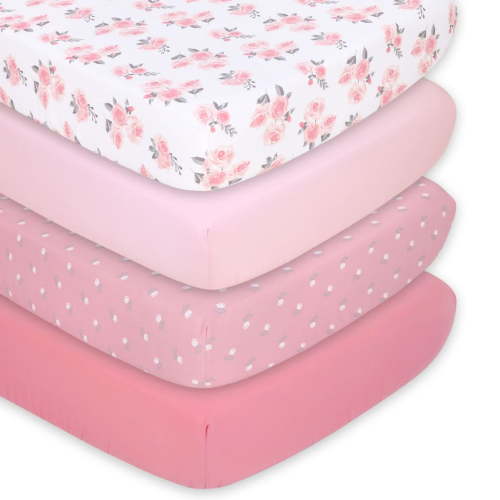 The Peanutshell Fitted Crib Sheet Set for Baby Girls, Pink Roses and Floral, 4 Pack Set