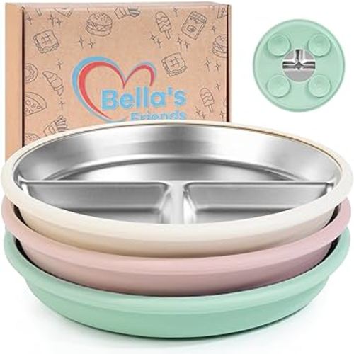 Bella’s Friends Stainless Steel Baby Plates with Suction 3 Pack, 8” Divided Toddler Plates with Removable Silicone Sleeves for Mess-Free Feeding, Non-Toxic, Non-Slip, Dishwasher Safe, beige,pink,green