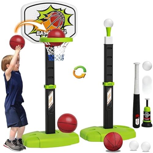 3 in 1 Toddler Basketball Hoop and Tee Ball Set for Boys: Kids Baseball Tee with Automatic Pitching Machine Adjustable Height Indoor and Outdoor Sports Toys for Boy Age 1-8