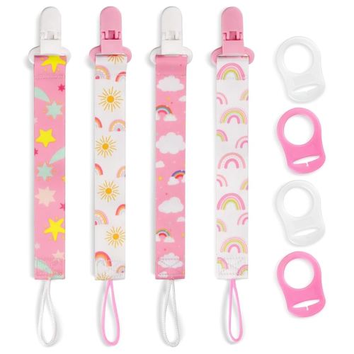 4 Pack Pacifier Clips for Boys Girls, Dummy Clips Baby with Adapters, Silicone Binky Clips for Baby Teething Toys Baby Shower (Pink+White)