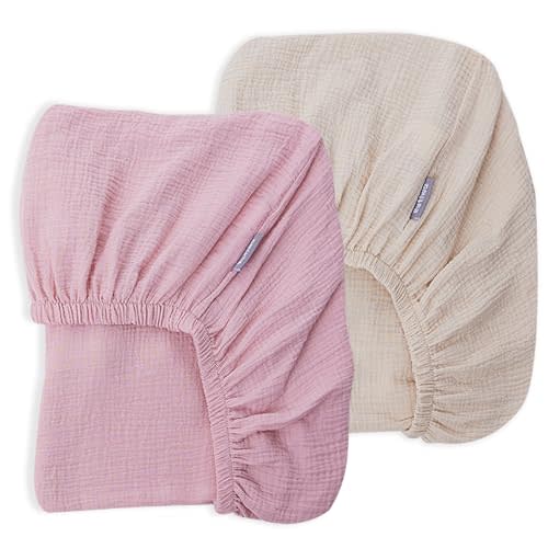 Muslin Crib Sheets Girls Rutiwa 2 Pack Boho Baby Sheets for Crib 100% Cotton Breathable Crib Sheets Toddler Bed Sheets Fit Standard Crib Mattress 28"x52"(Light Pink/Beige)